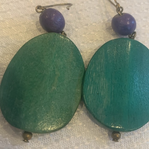 Wooden Green and Purple Hook Drop Statement Earrings - Picture 2 of 4
